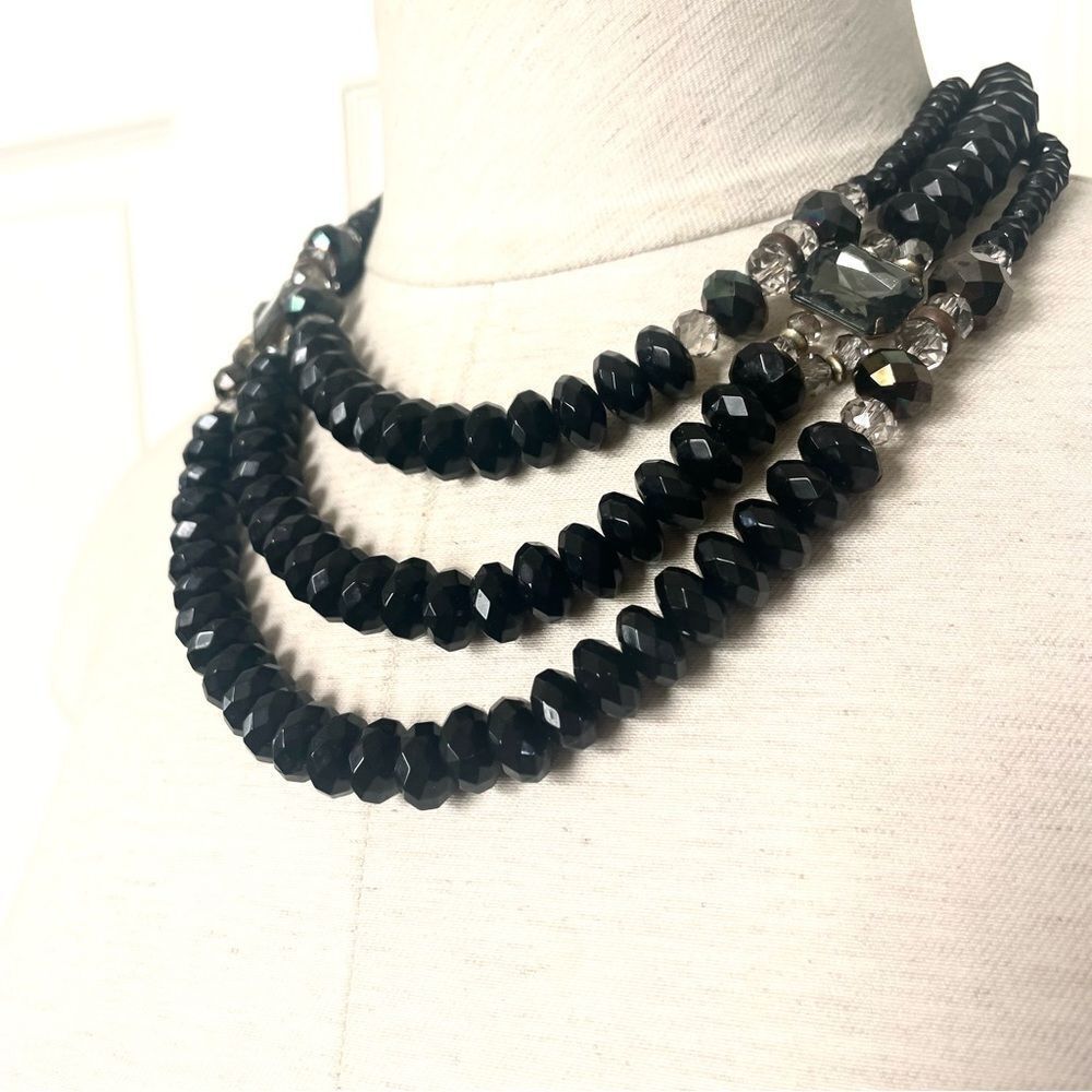 Black Multi Strand Rhinestone Statement Necklace - image 5